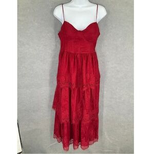 Lulus Red Lace Tiered Midi‎ Dress Party Cocktail Evening Wedding Guest Sz M